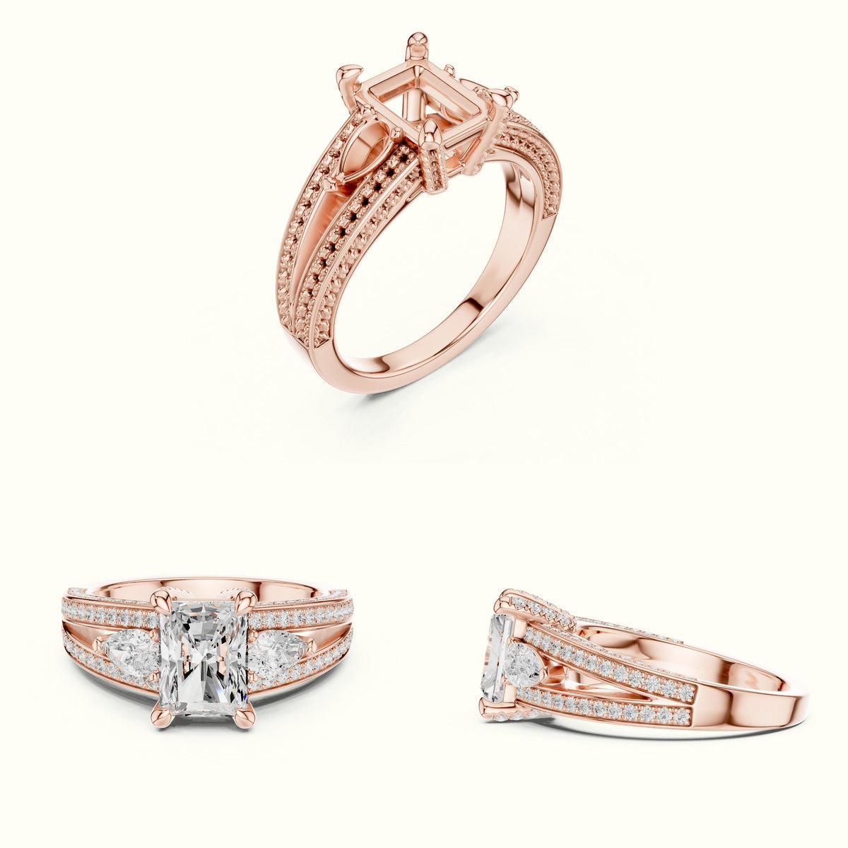 Radiant Vintage Style Lab-Grown Diamond Ring — Rose gold, on the hand | Crystal N Cuts