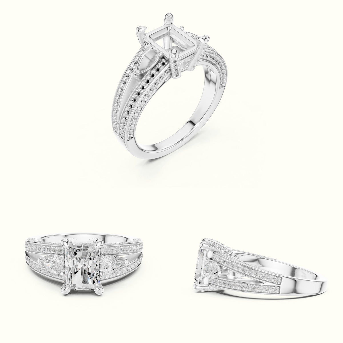 Radiant Vintage Style Lab-Grown Diamond Ring — White gold, on the hand | Crystal N Cuts