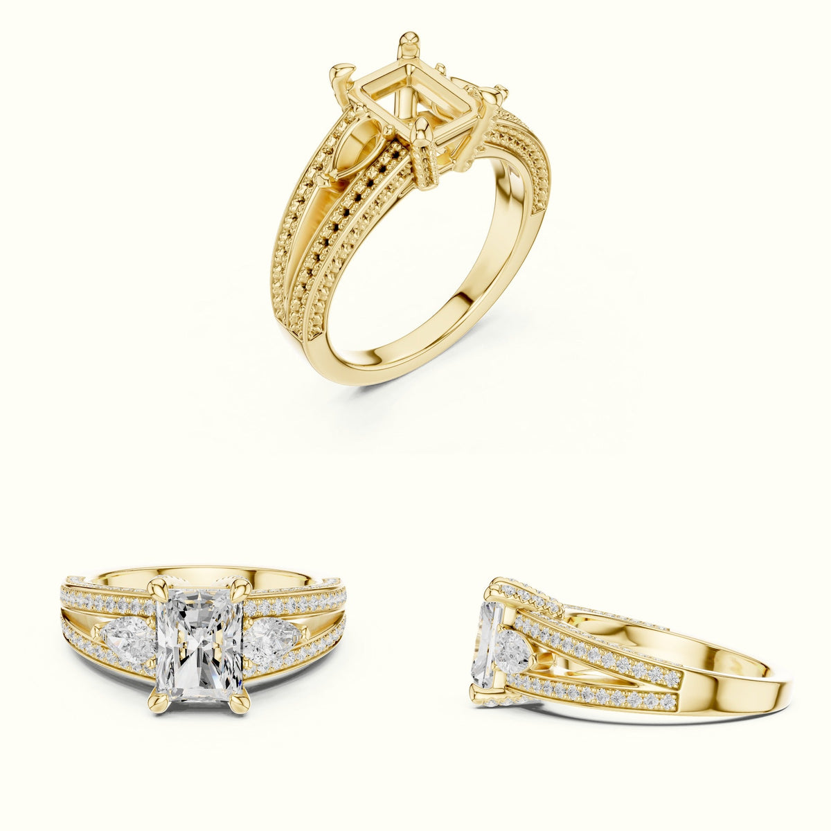Radiant Vintage Style Lab-Grown Diamond Ring — Yellow gold, on the hand | Crystal N Cuts