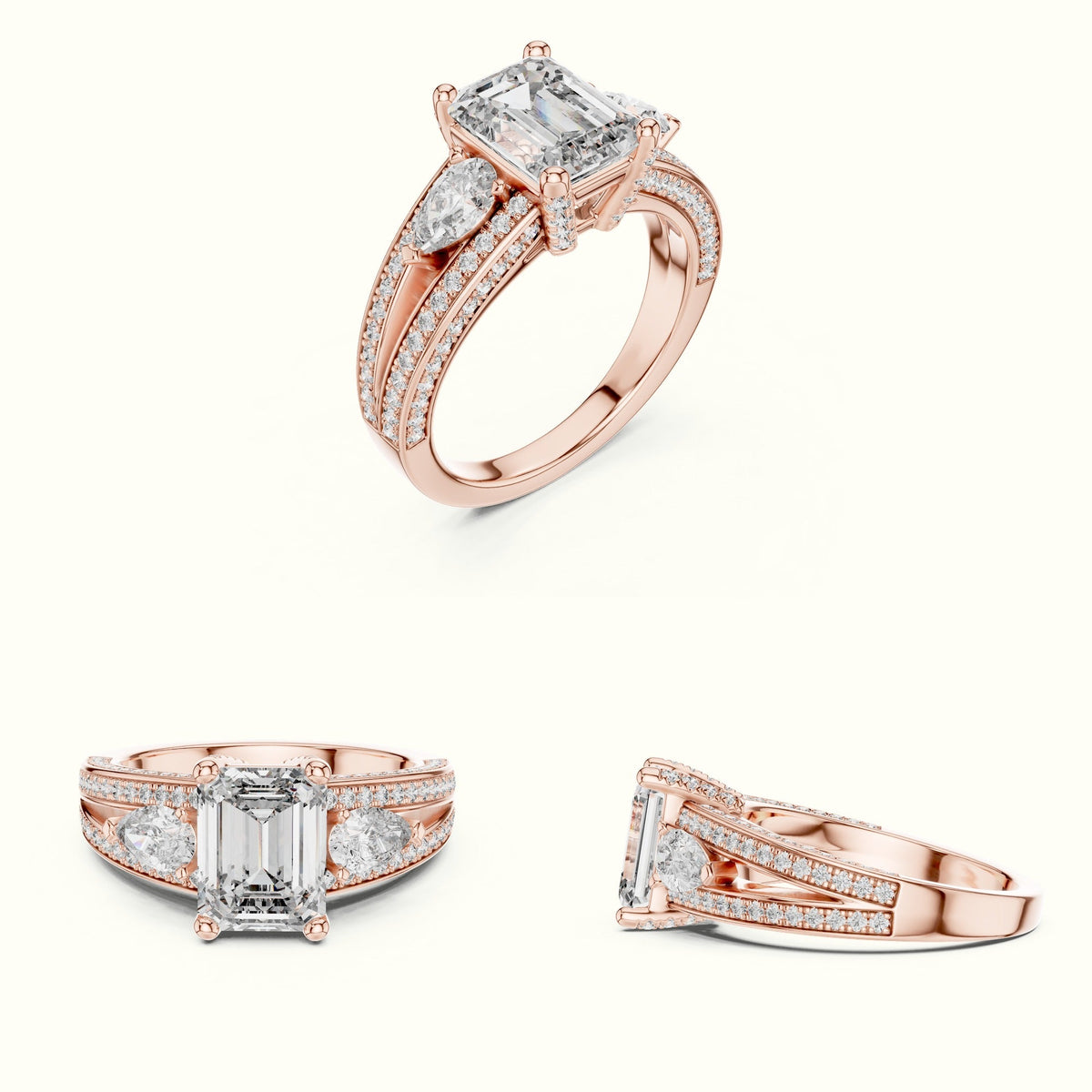 Emerald Vintage Style Lab-Grown Diamond Ring — Rose gold, on the hand | Crystal N Cuts