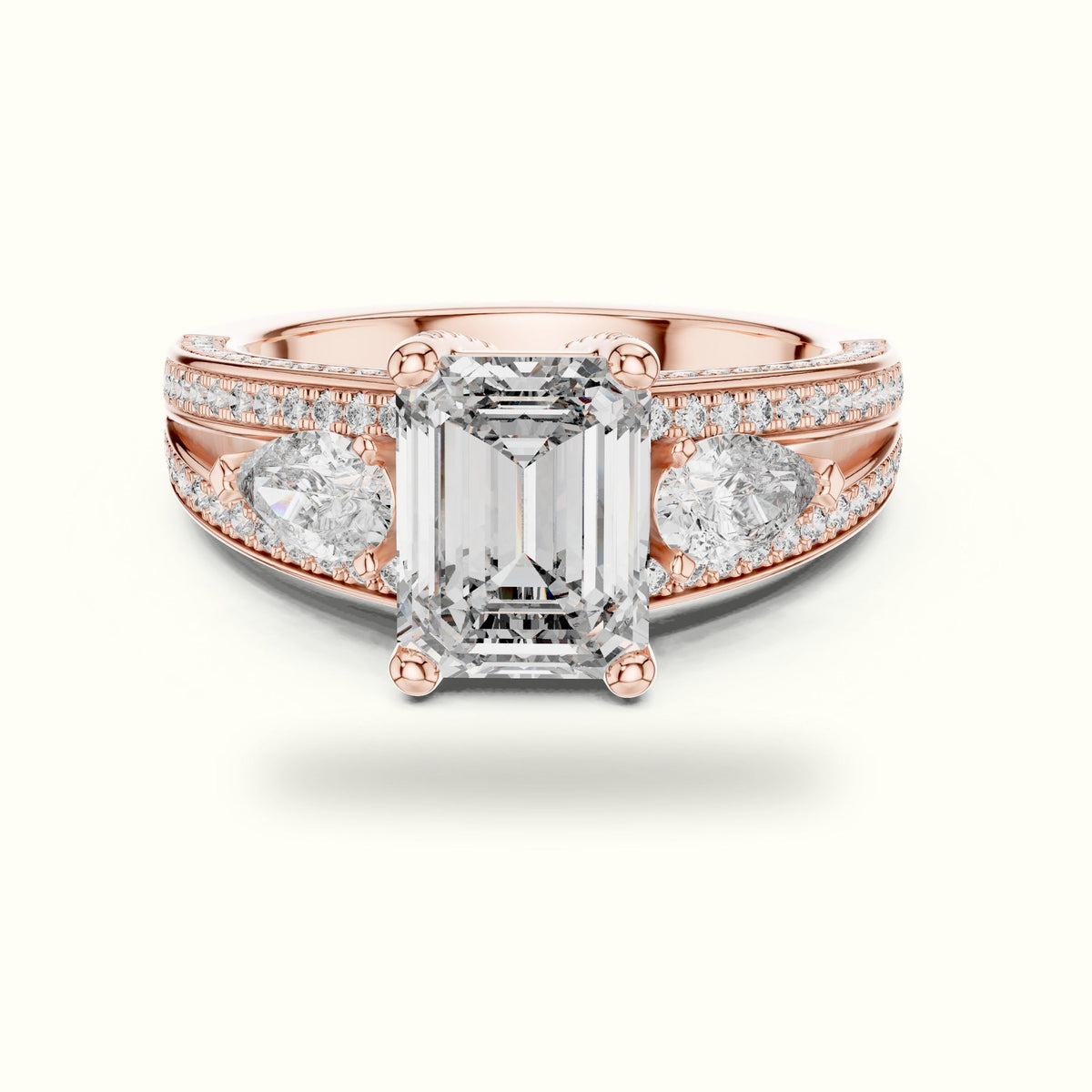 Emerald Vintage Style Lab-Grown Diamond Ring — Rose gold, front view | Crystal N Cuts