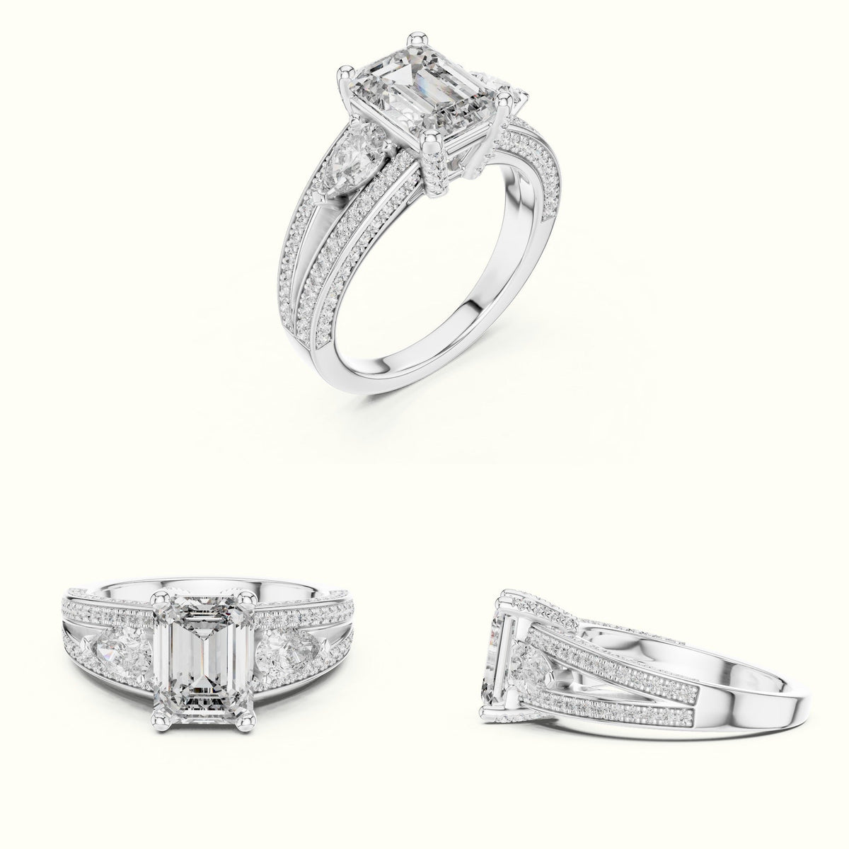 Emerald Vintage Style Lab-Grown Diamond Ring — White gold, on the hand | Crystal N Cuts