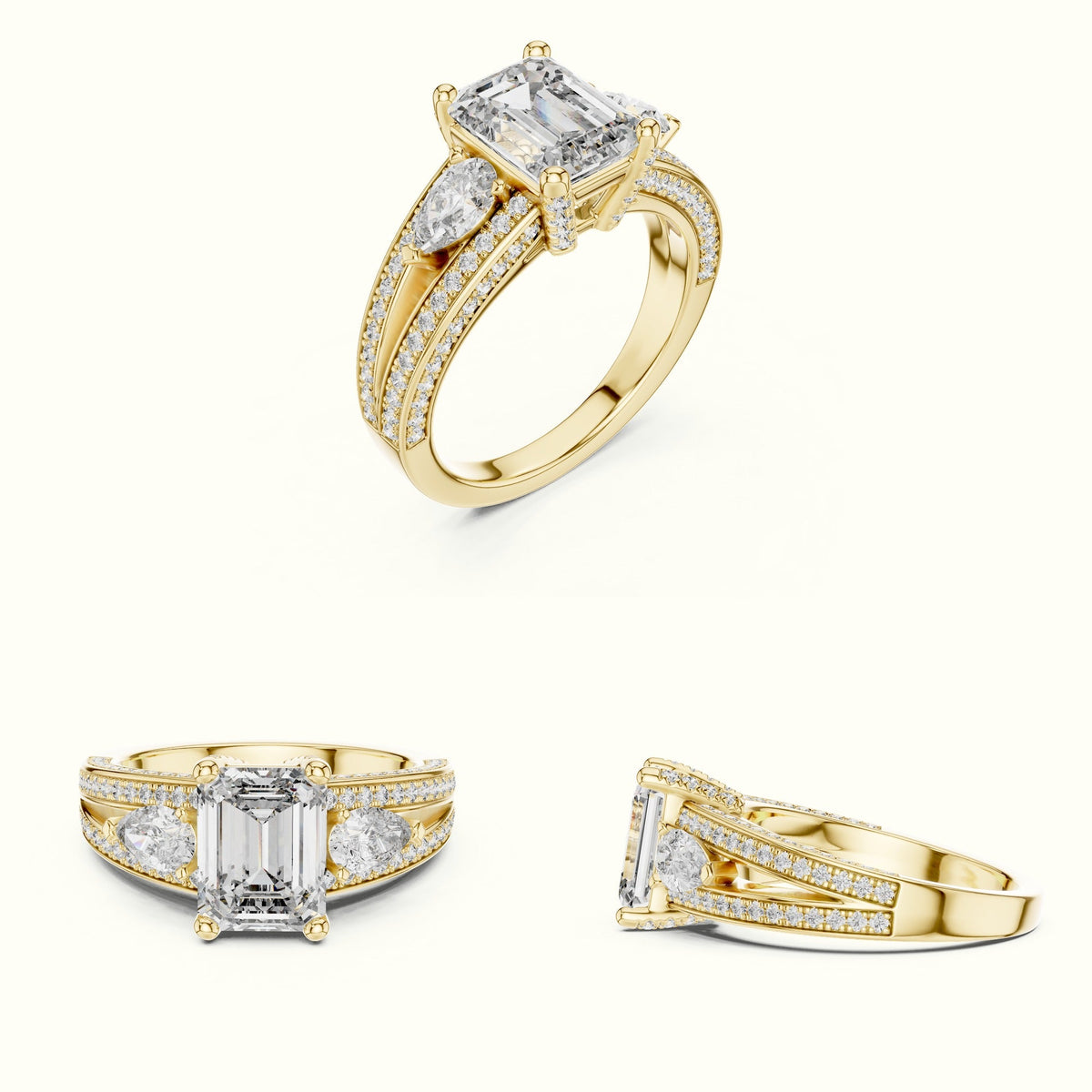 Emerald Vintage Style Lab-Grown Diamond Ring — Yellow gold, on the hand | Crystal N Cuts