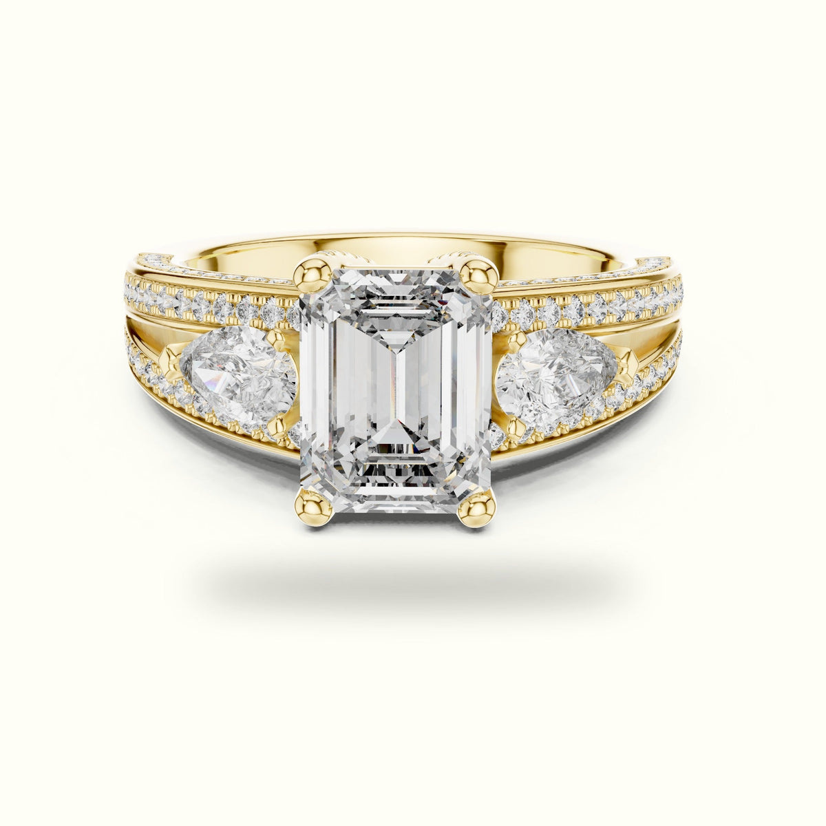 Emerald Vintage Style Lab-Grown Diamond Ring — Yellow gold, front view | Crystal N Cuts