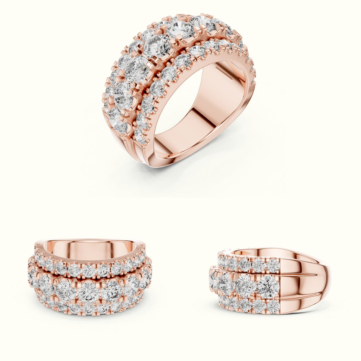 Round Multi-Row Lab-Grown Diamond Ring — Rose gold, on the hand | Crystal N Cuts