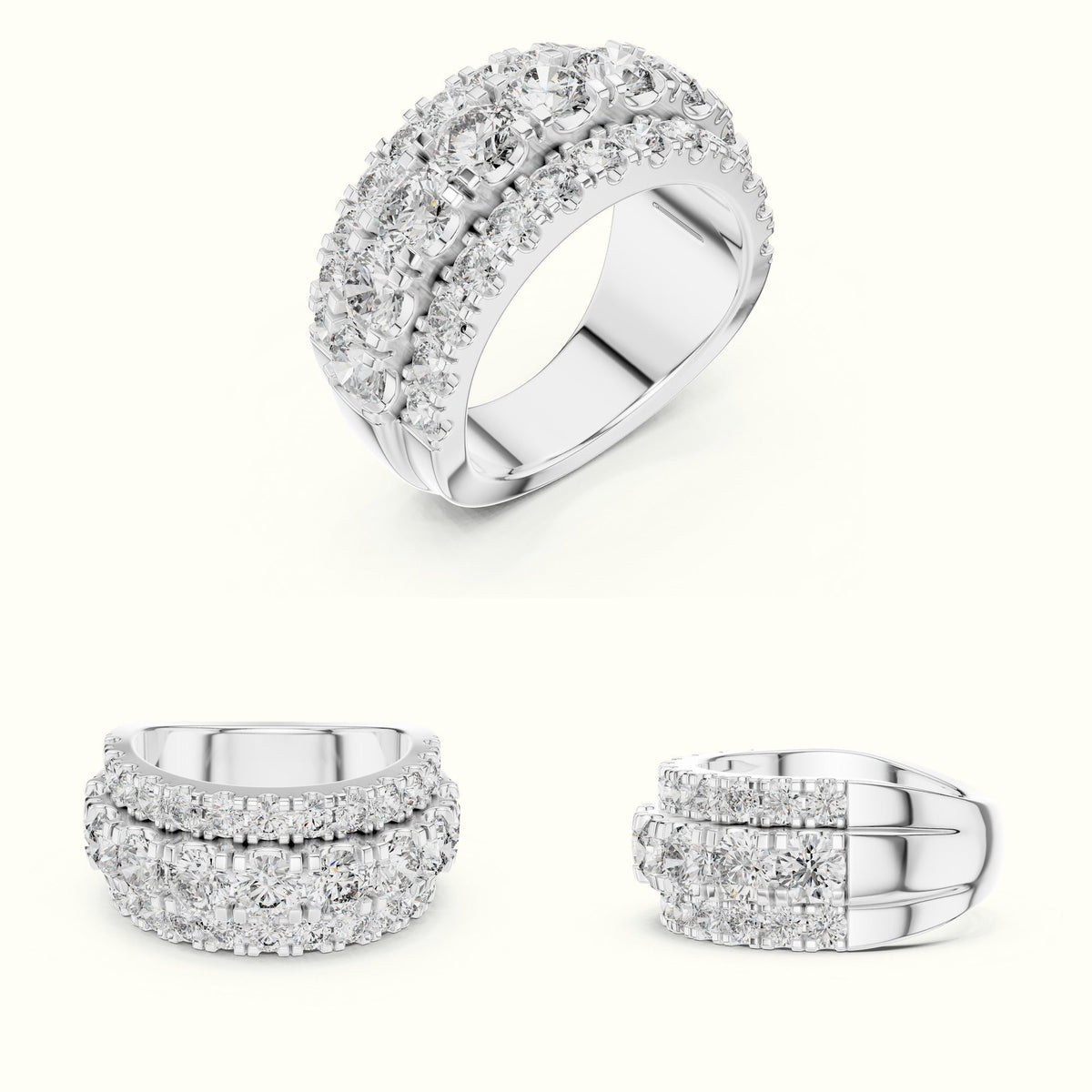Round Multi-Row Lab-Grown Diamond Ring — White gold, on the hand | Crystal N Cuts