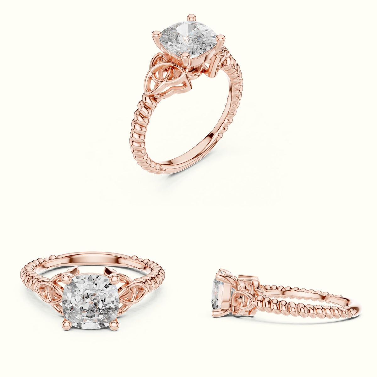 Cushion Cut Vintage Solitaire Lab-Grown Diamond Engagement Ring — Rose gold, on the hand | Crystal N Cuts