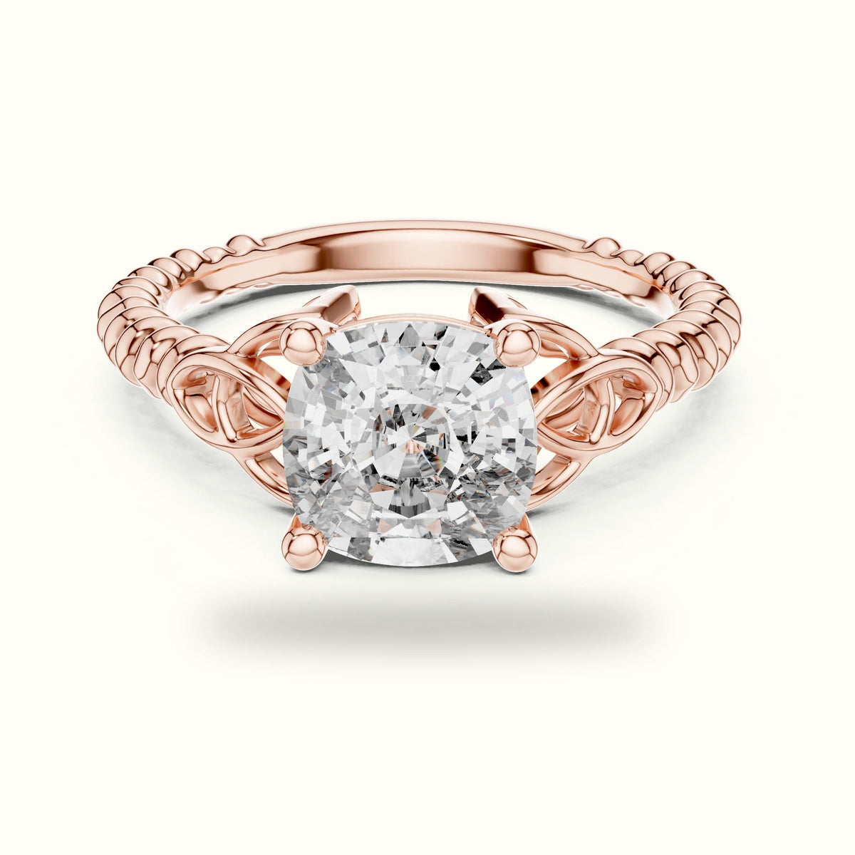 Cushion Cut Vintage Solitaire Lab-Grown Diamond Engagement Ring — Rose gold, front view | Crystal N Cuts