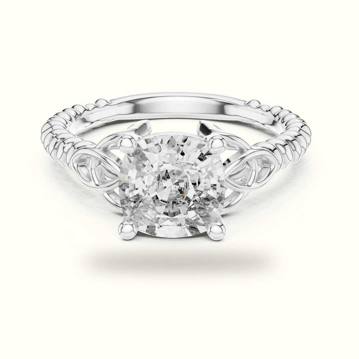 Cushion Cut Vintage Solitaire Lab-Grown Diamond Engagement Ring — White gold, front view | Crystal N Cuts