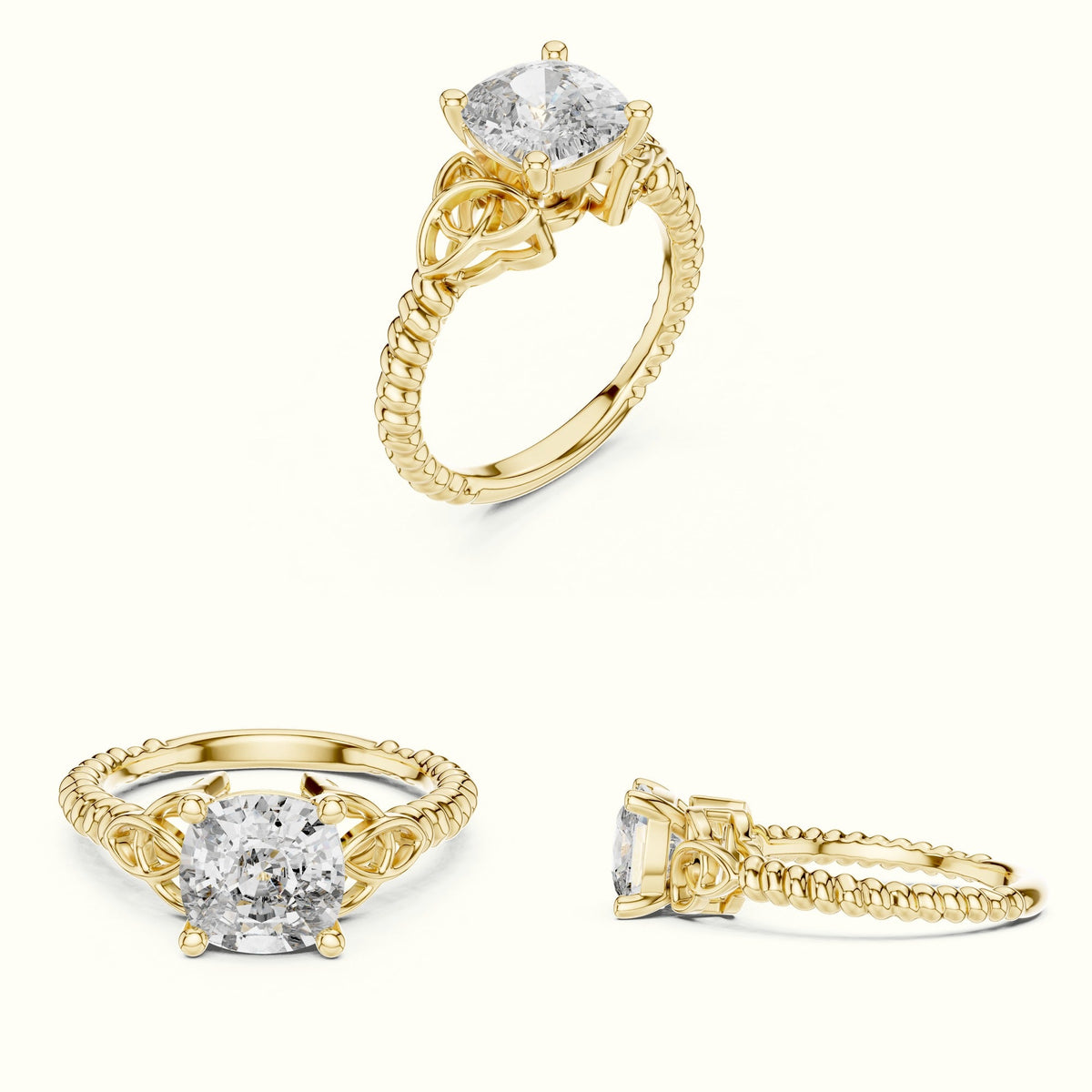 Cushion Cut Vintage Solitaire Lab-Grown Diamond Engagement Ring — Yellow gold, on the hand | Crystal N Cuts