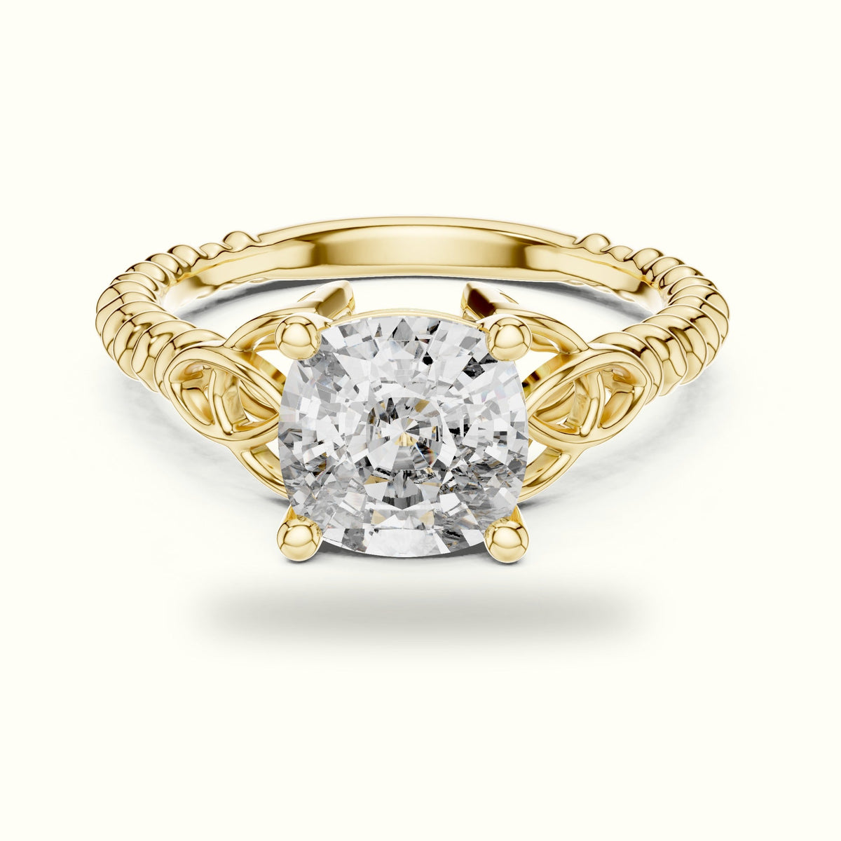 Cushion Cut Vintage Solitaire Lab-Grown Diamond Engagement Ring — Yellow gold, front view | Crystal N Cuts