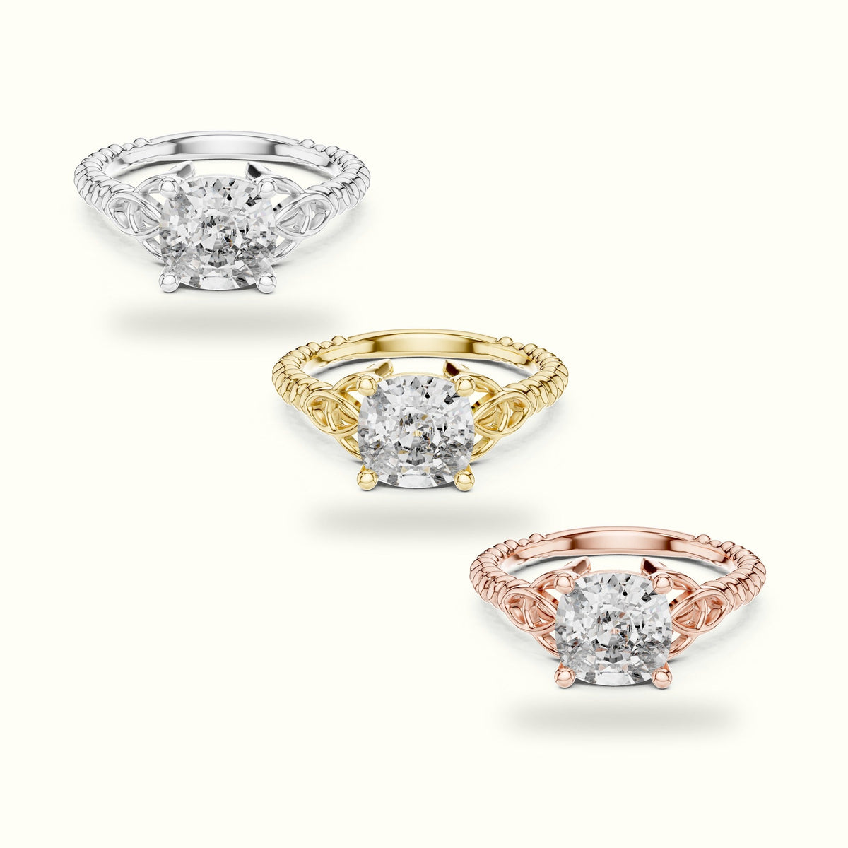 Cushion Cut Vintage Solitaire Lab-Grown Diamond Engagement Ring — Rose gold, front view | Crystal N Cuts