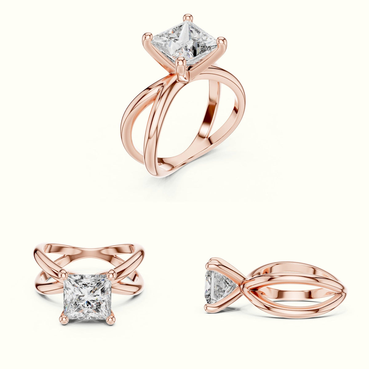 Princess Solitaire Split Shank Lab-Grown Diamond Ring — Rose gold, on the hand | Crystal N Cuts