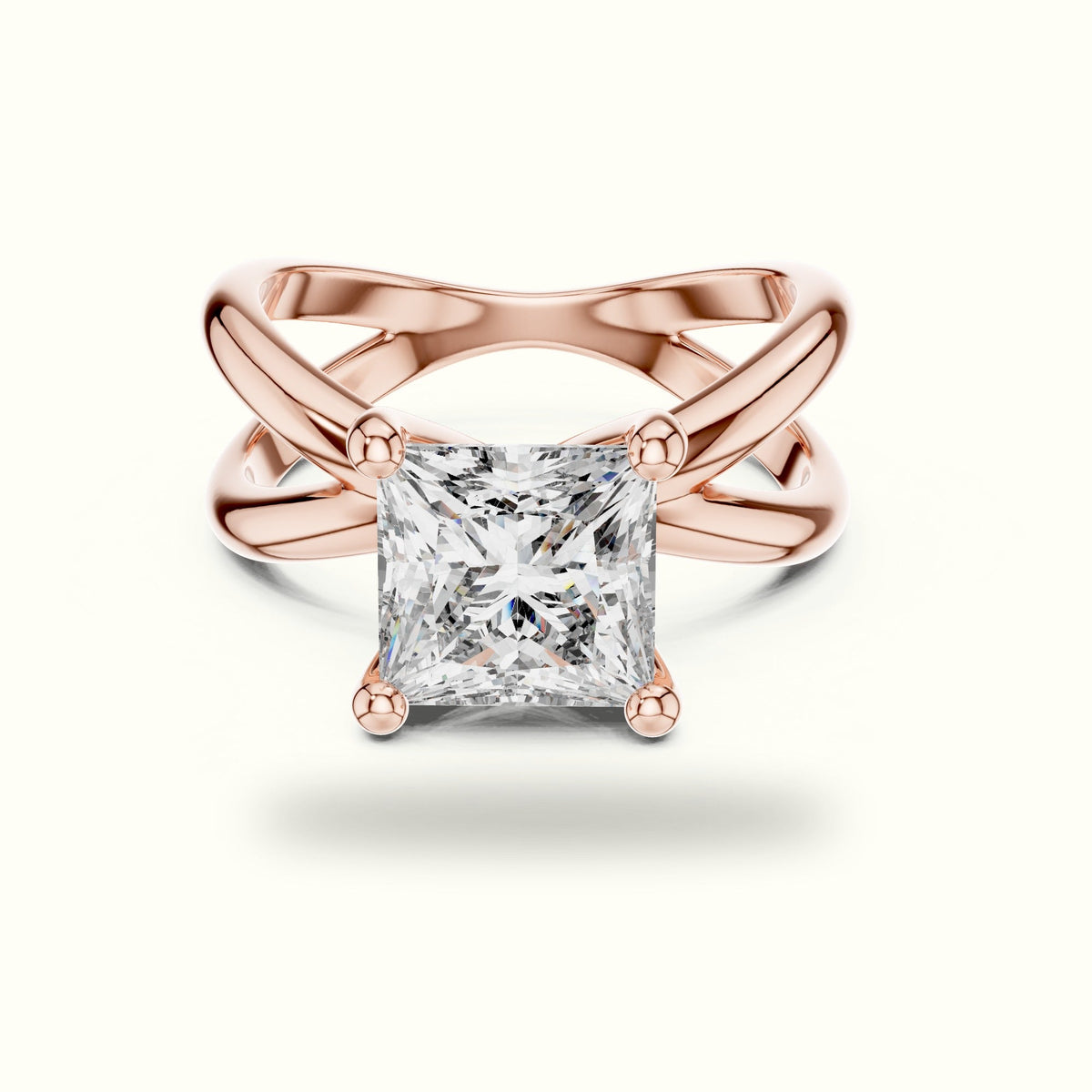 Princess Solitaire Split Shank Lab-Grown Diamond Ring — Rose gold, front view | Crystal N Cuts