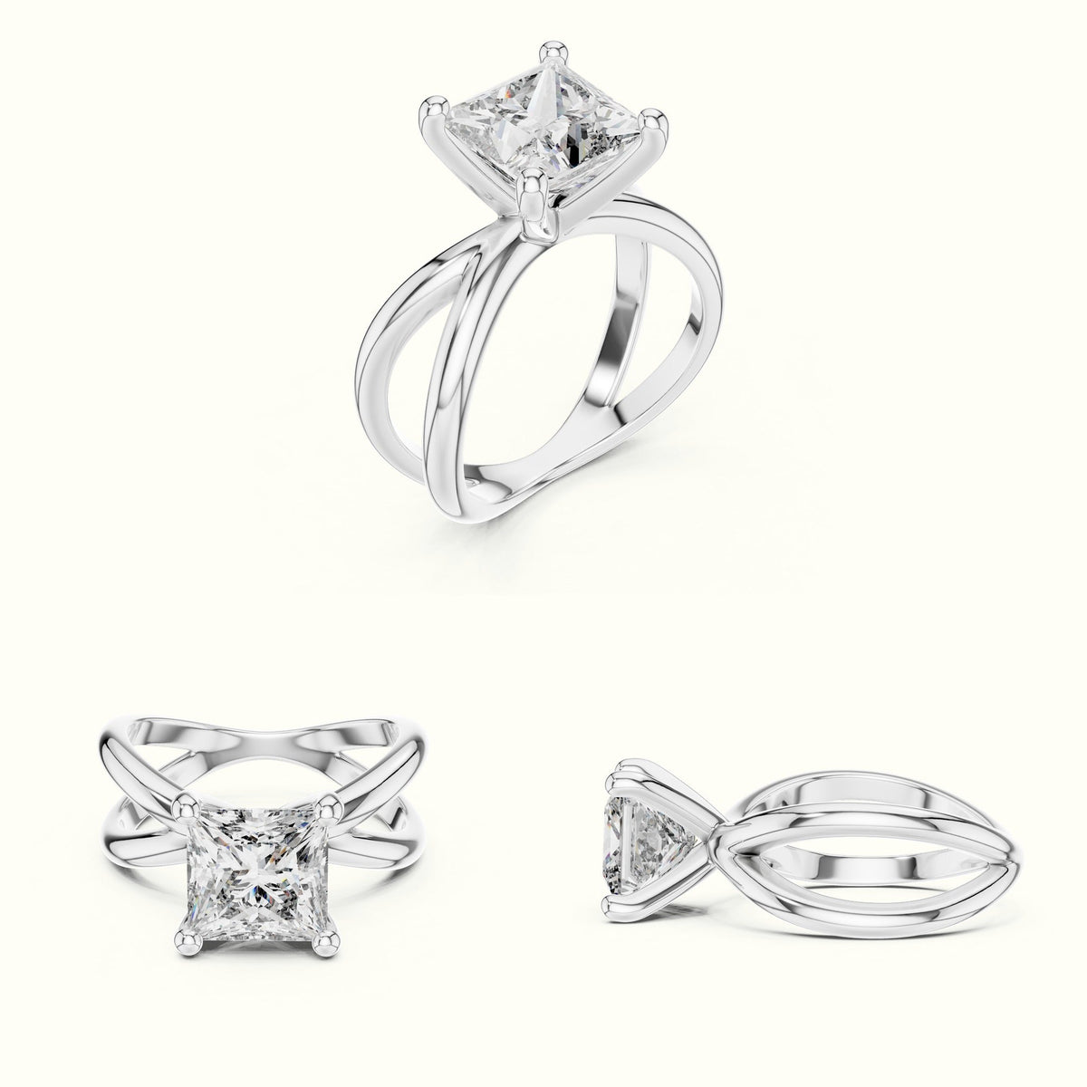 Princess Solitaire Split Shank Lab-Grown Diamond Ring — White gold, on the hand | Crystal N Cuts
