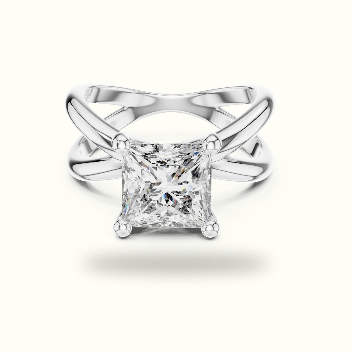 Princess Solitaire Split Shank Lab-Grown Diamond Ring — White gold, front view | Crystal N Cuts