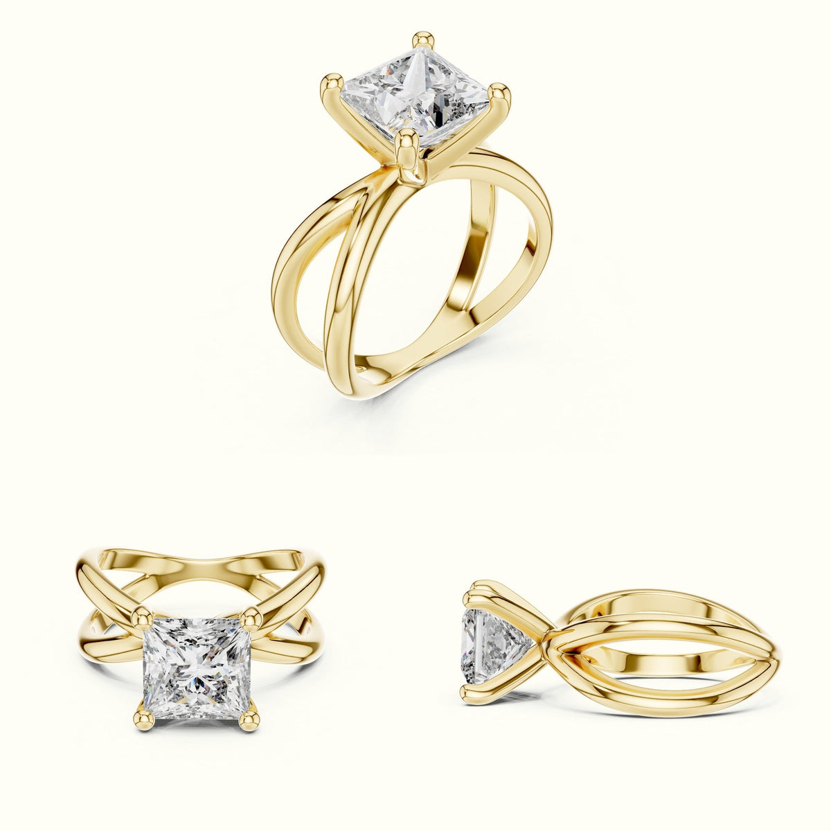 Princess Solitaire Split Shank Lab-Grown Diamond Ring — Yellow gold, on the hand | Crystal N Cuts