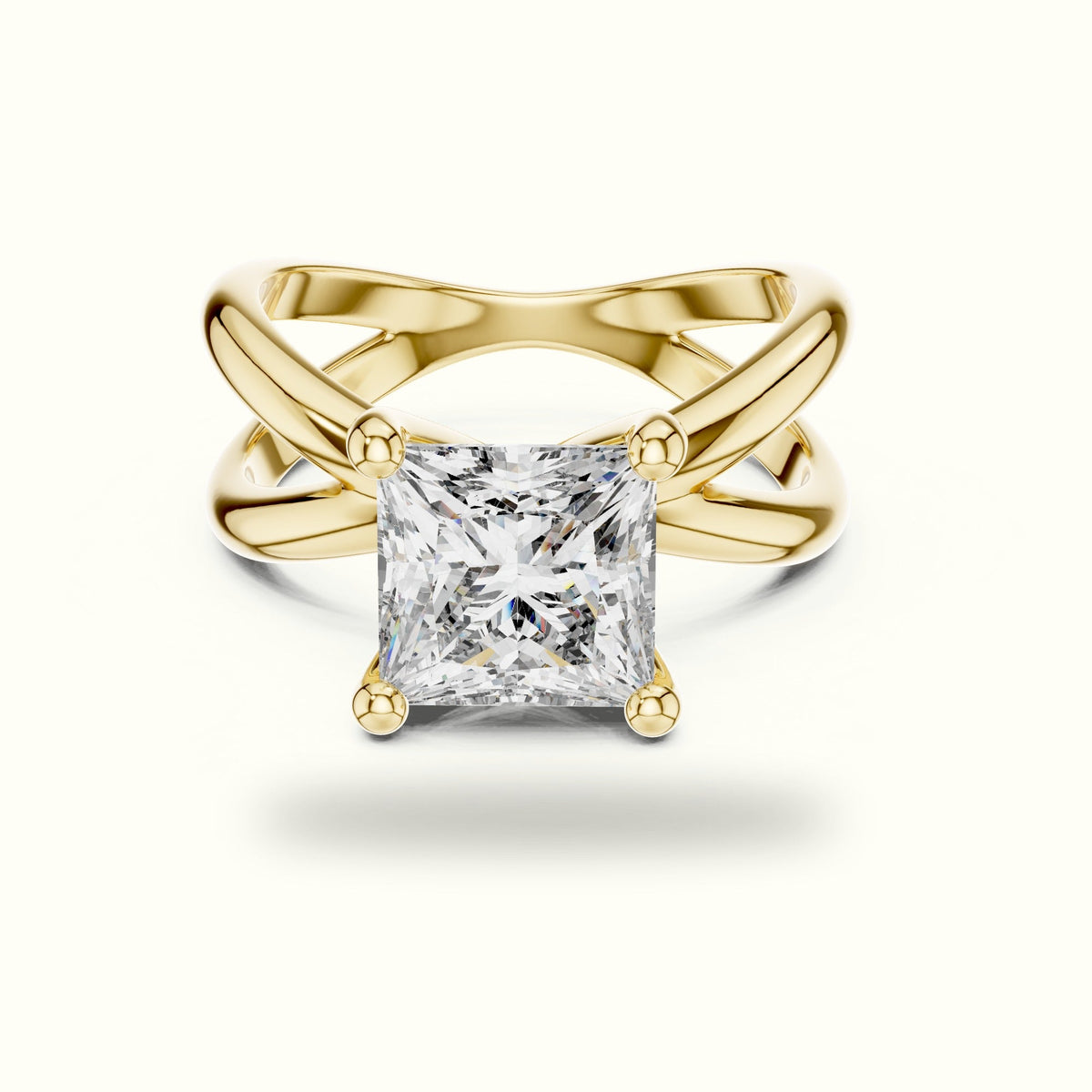 Princess Solitaire Split Shank Lab-Grown Diamond Ring — Yellow gold, front view | Crystal N Cuts