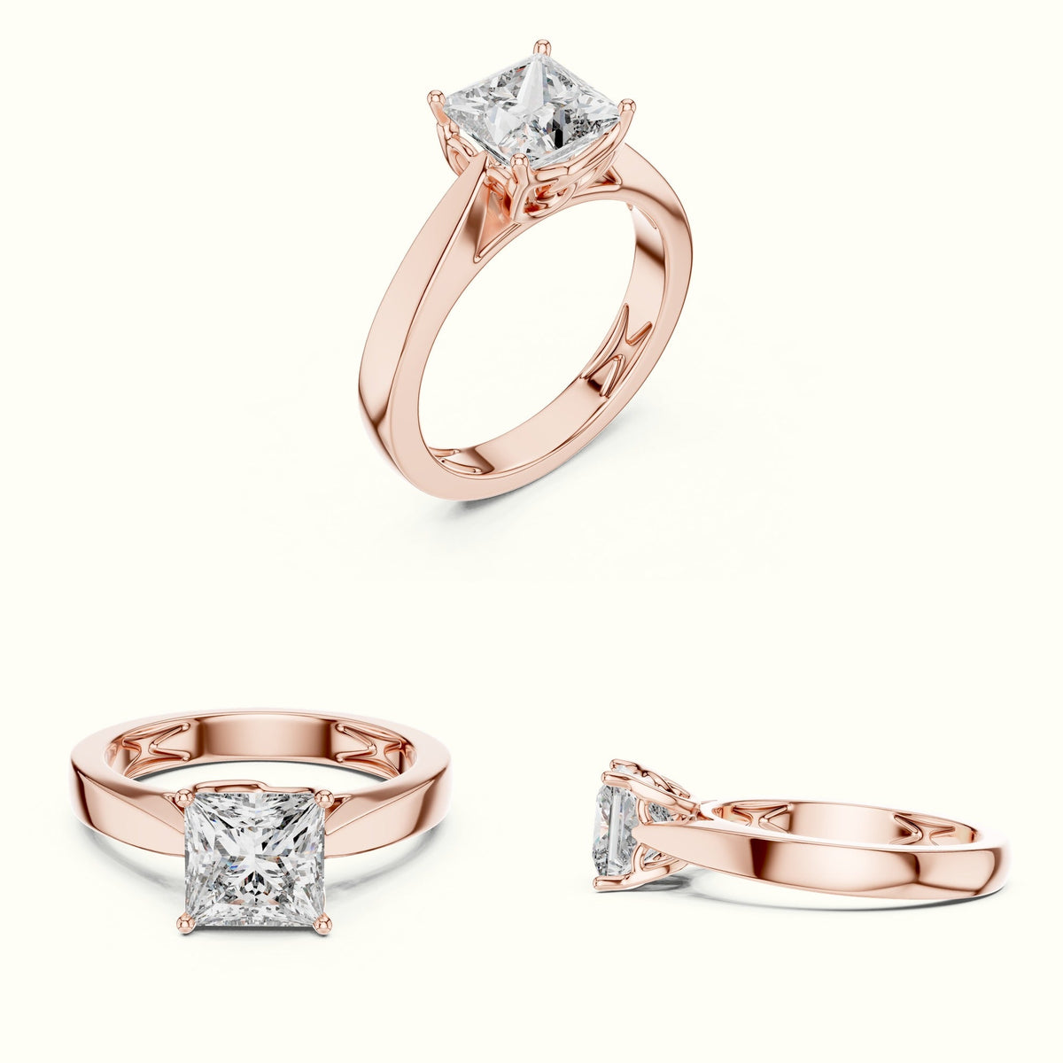 Princess Cathedral Solitaire Lab-Grown Diamond Ring — Rose gold, on the hand | Crystal N Cuts