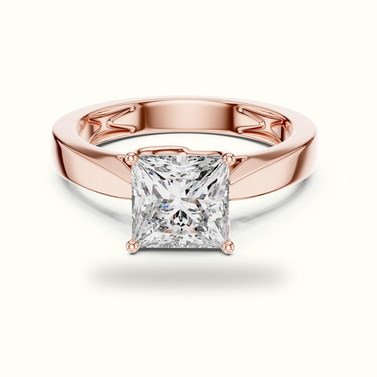 Princess Cathedral Solitaire Lab-Grown Diamond Ring — Rose gold, front view | Crystal N Cuts