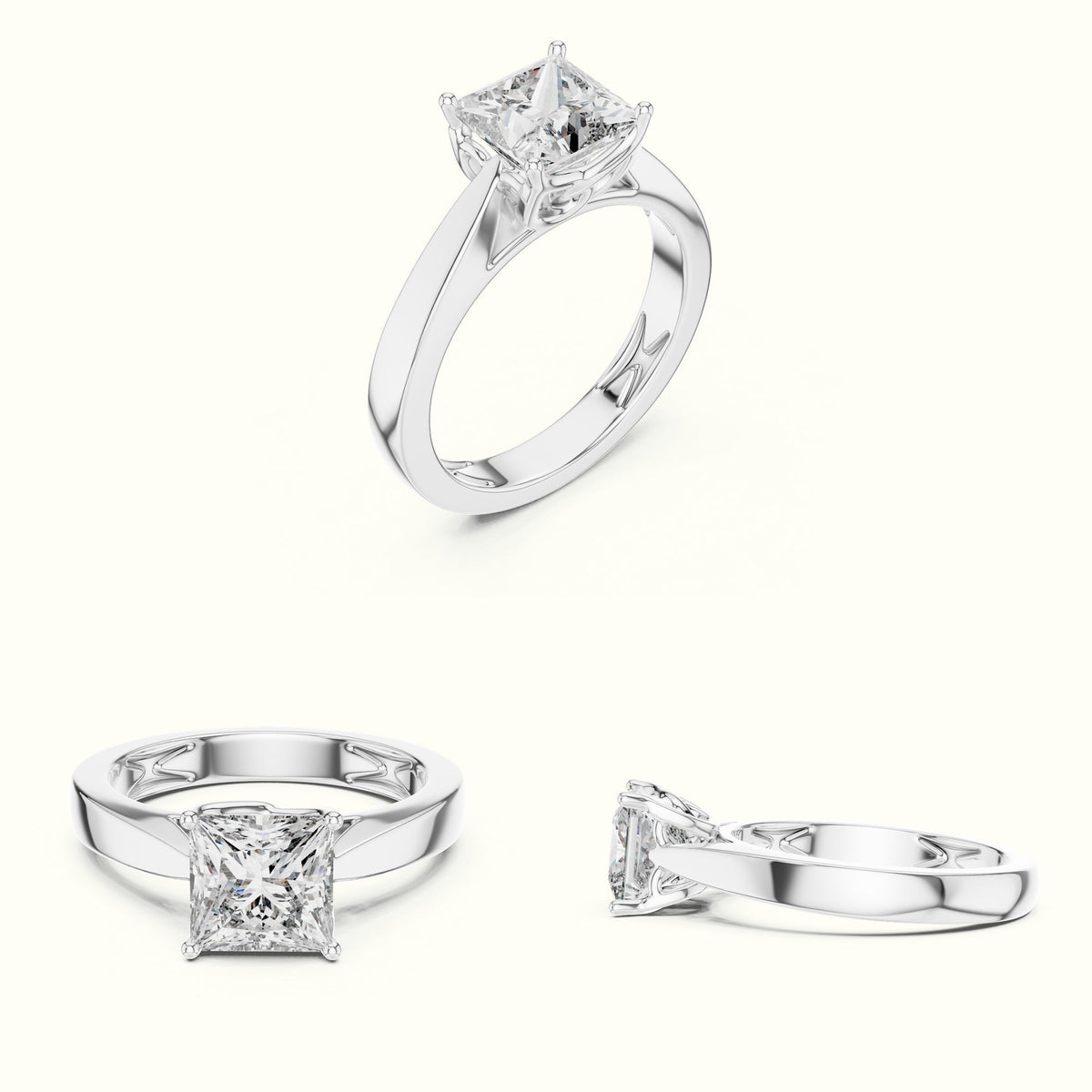 Princess Cathedral Solitaire Lab-Grown Diamond Ring — White gold, on the hand | Crystal N Cuts