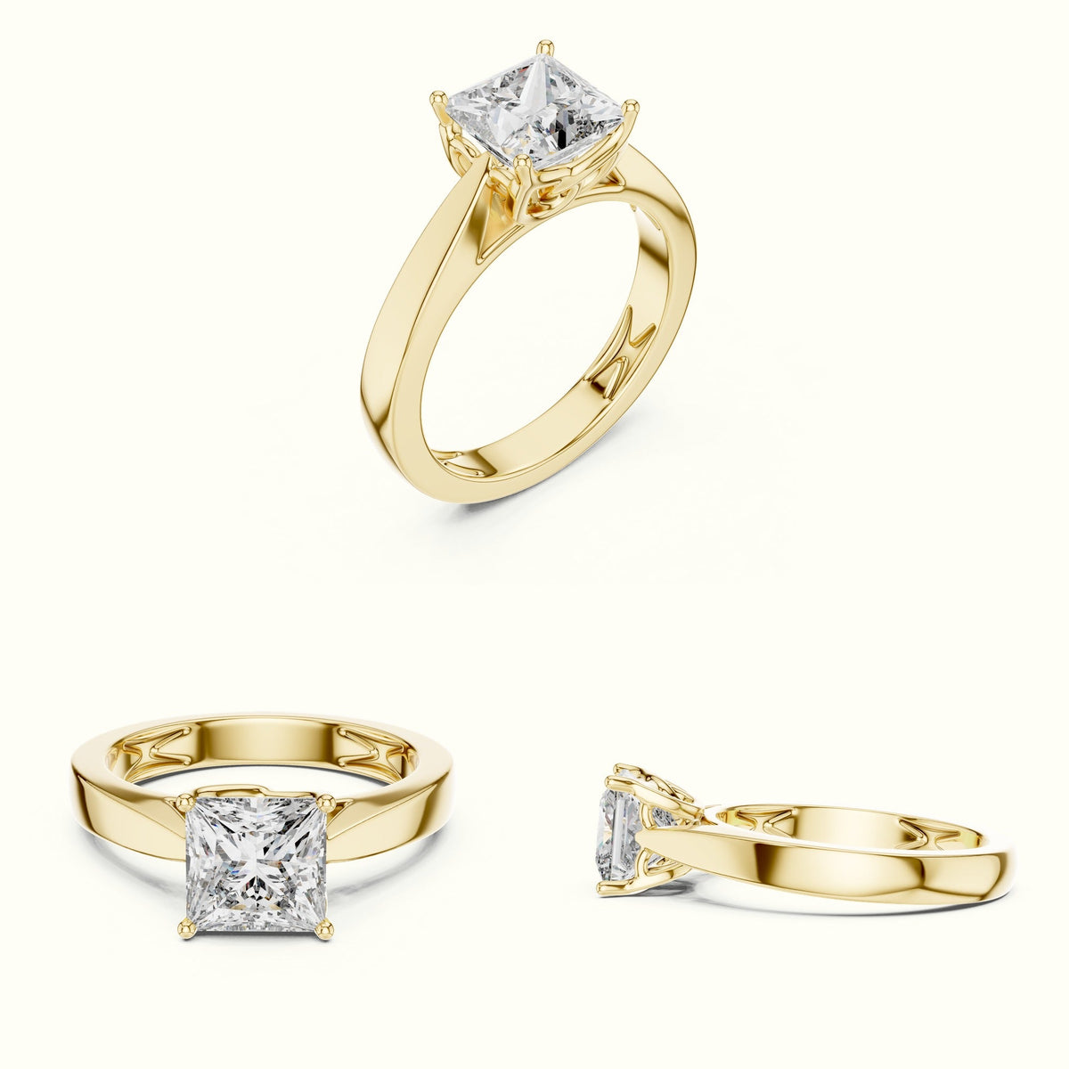 Princess Cathedral Solitaire Lab-Grown Diamond Ring — Yellow gold, on the hand | Crystal N Cuts