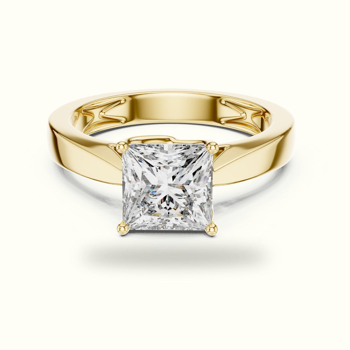 Princess Cathedral Solitaire Lab-Grown Diamond Ring — Yellow gold, front view | Crystal N Cuts