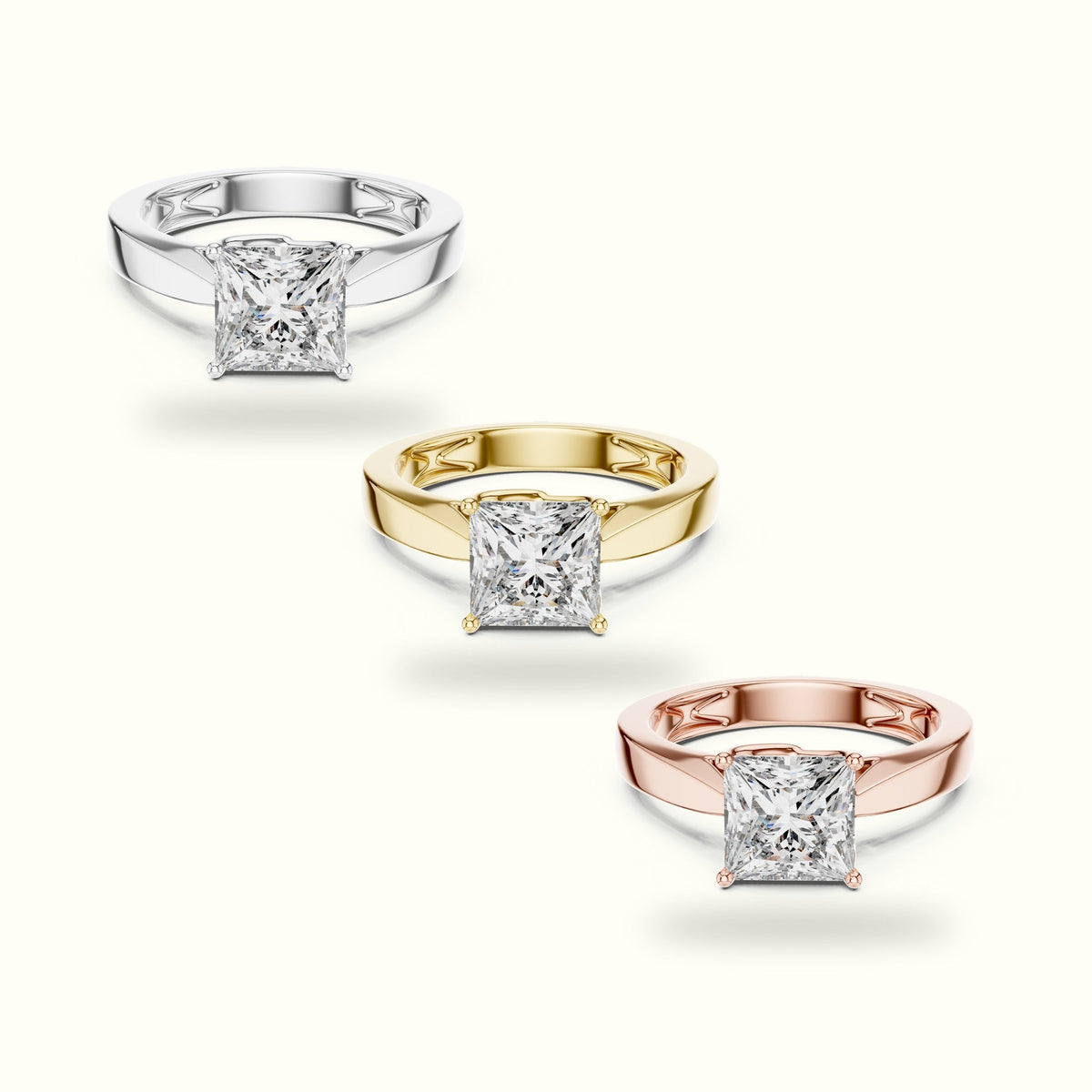 Princess Cathedral Solitaire Lab-Grown Diamond Ring — Rose gold, front view | Crystal N Cuts