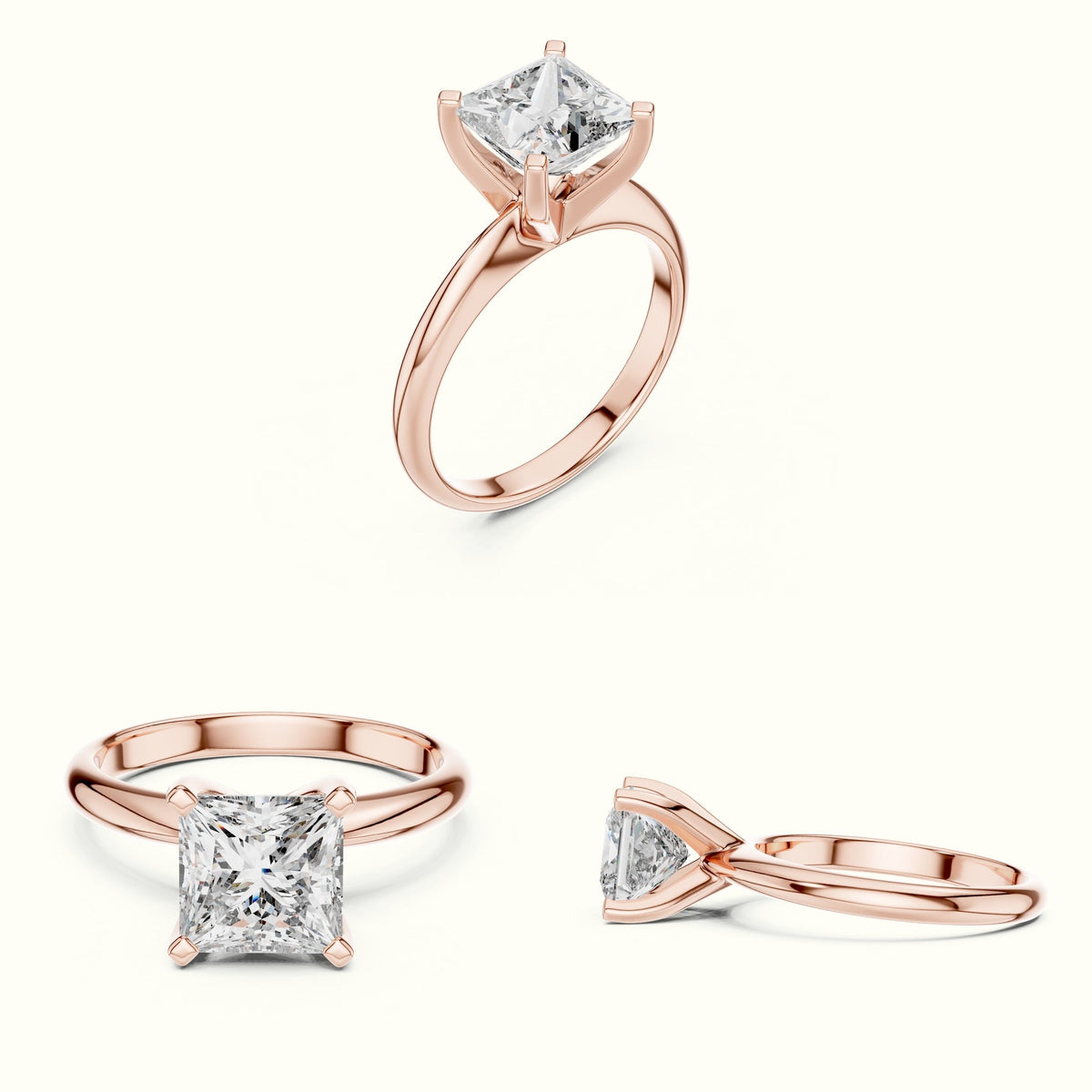 Four-Prong Princess Peg Head Lab-Grown Diamond Solitaire Ring — Rose gold, on the hand | Crystal N Cuts