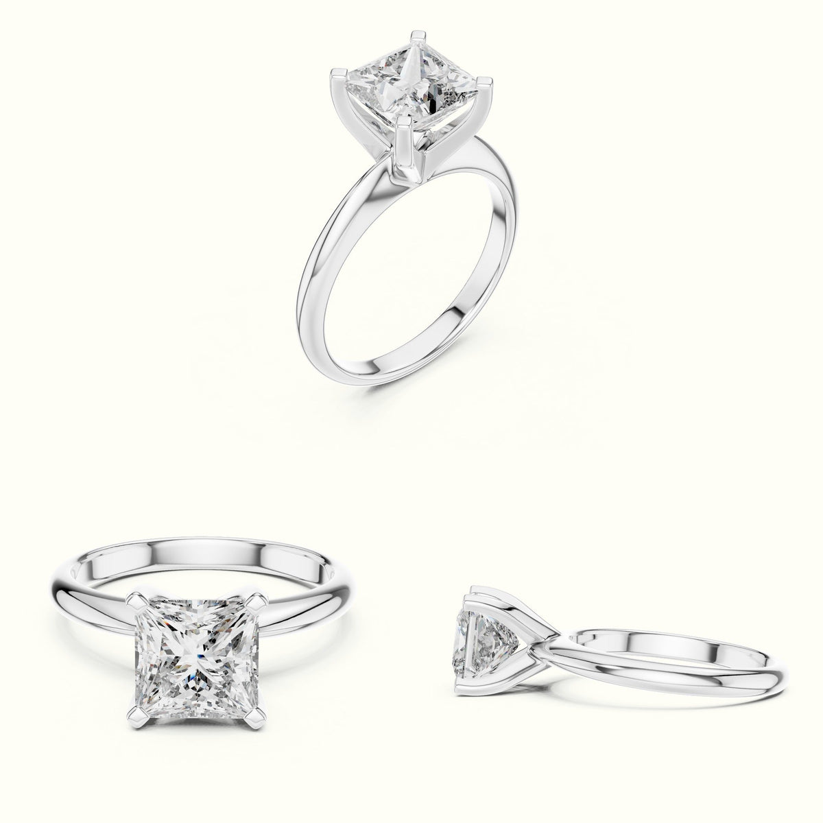 Four-Prong Princess Peg Head Lab-Grown Diamond Solitaire Ring — White gold, on the hand | Crystal N Cuts