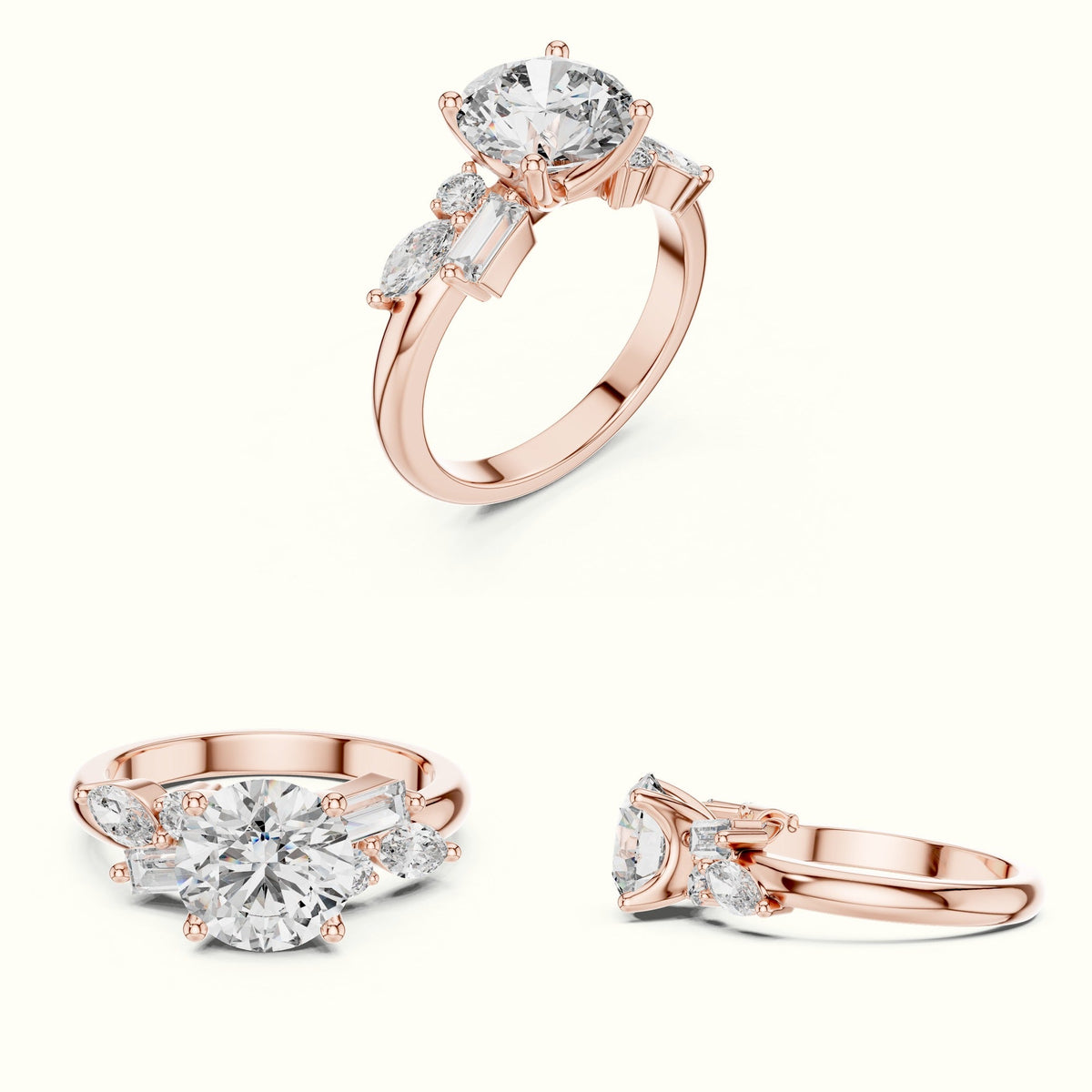 Round Basket Lab-Grown Diamond Solitaire Ring with Cluster Accents — Rose gold, on the hand | Crystal N Cuts