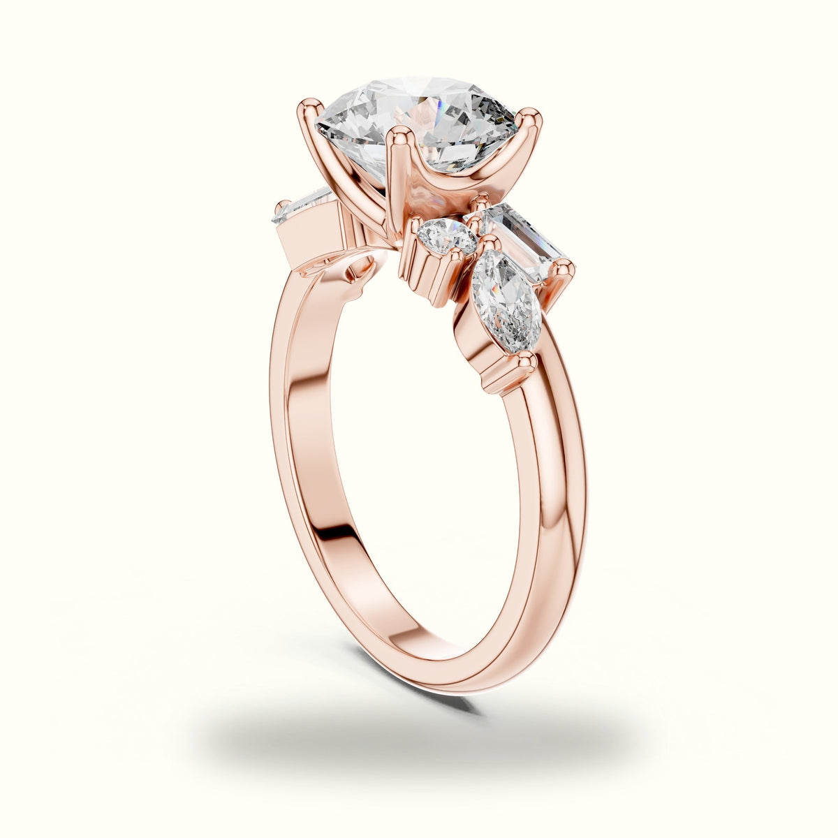 Round Basket Lab-Grown Diamond Solitaire Ring with Cluster Accents — Rose gold, view 1 | Crystal N Cuts
