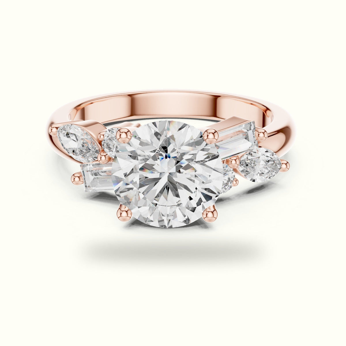 Round Basket Lab-Grown Diamond Solitaire Ring with Cluster Accents — Rose gold, front view | Crystal N Cuts