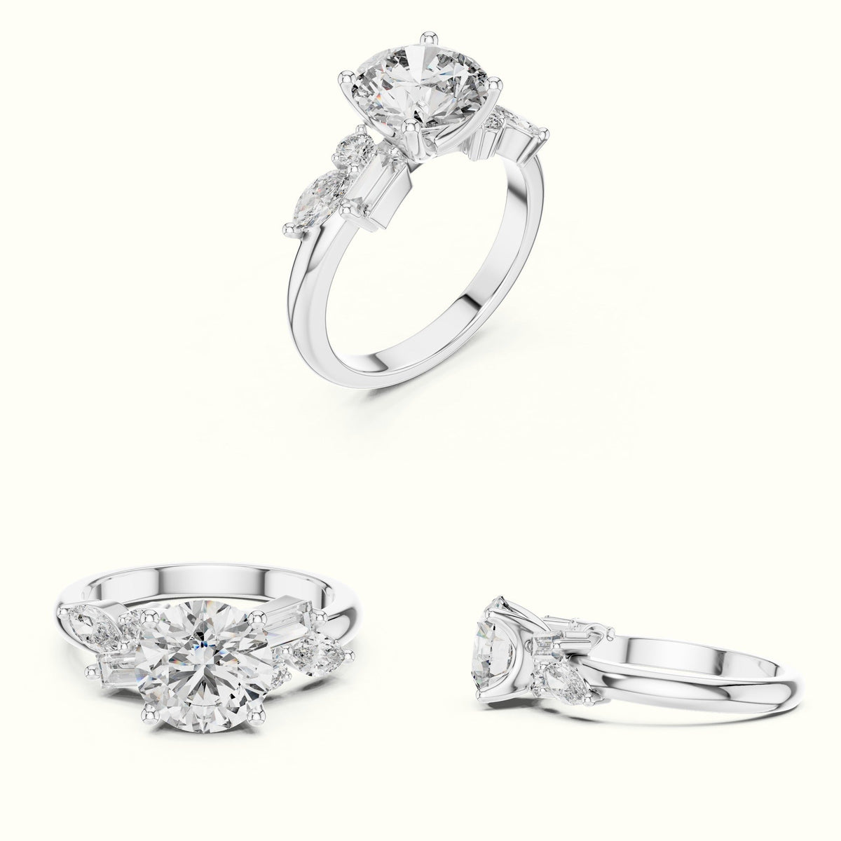 Round Basket Lab-Grown Diamond Solitaire Ring with Cluster Accents — White gold, on the hand | Crystal N Cuts