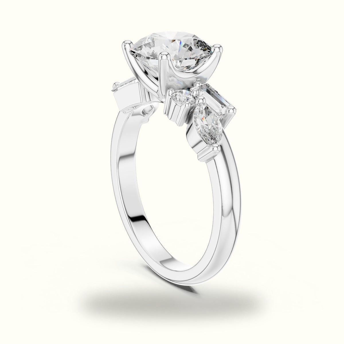 Round Basket Lab-Grown Diamond Solitaire Ring with Cluster Accents — White gold, view 1 | Crystal N Cuts