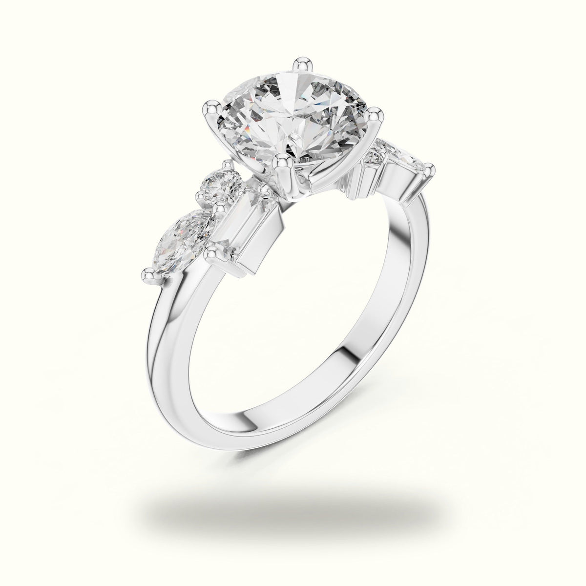 Round Basket Lab-Grown Diamond Solitaire Ring with Cluster Accents — White gold, view 2 | Crystal N Cuts