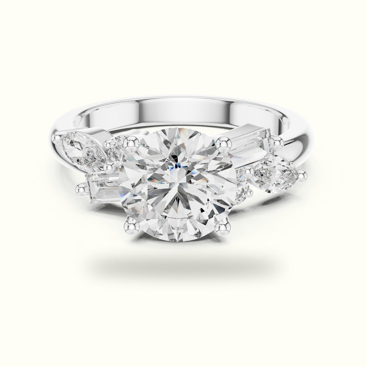 Round Basket Lab-Grown Diamond Solitaire Ring with Cluster Accents — White gold, front view | Crystal N Cuts