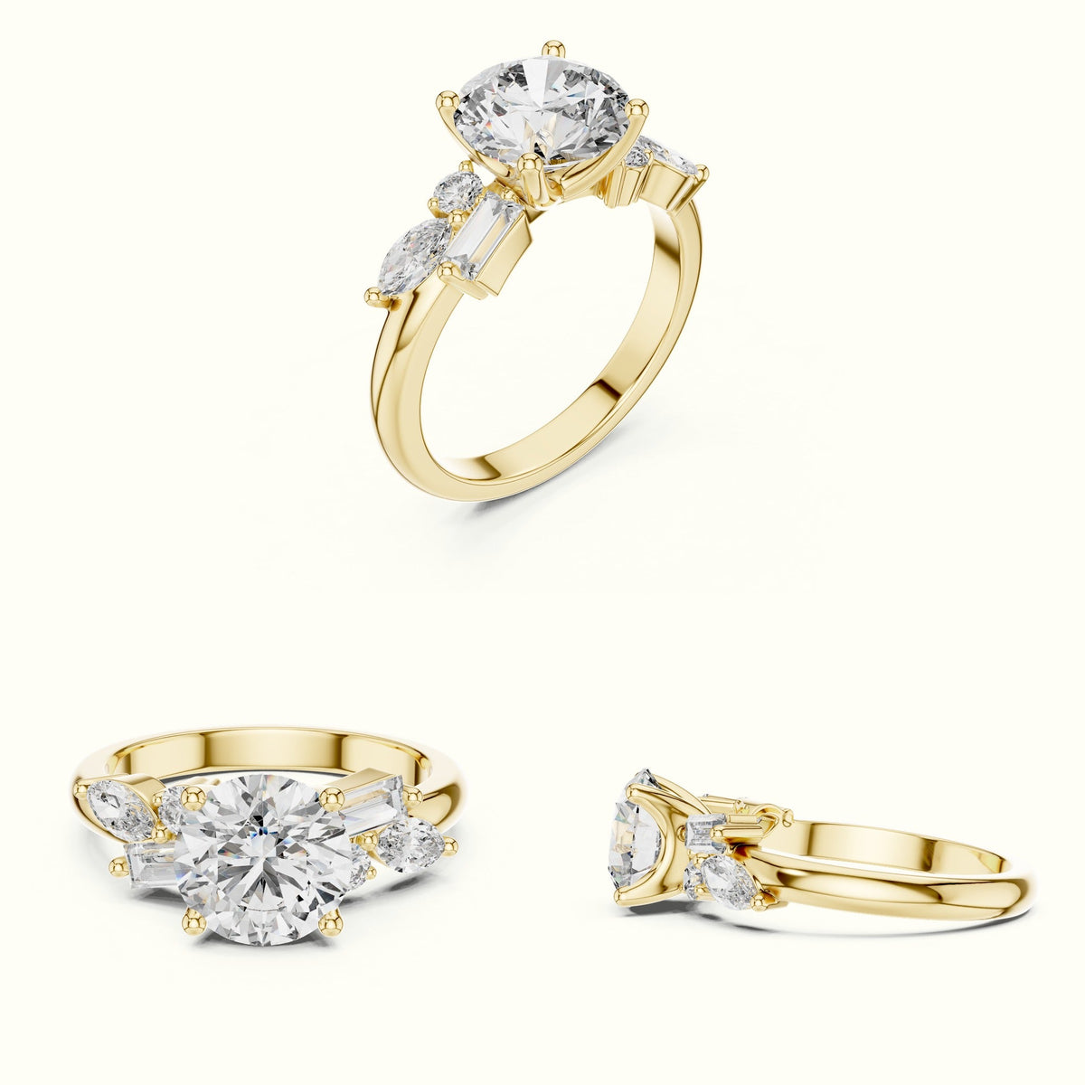 Round Basket Lab-Grown Diamond Solitaire Ring with Cluster Accents — Yellow gold, on the hand | Crystal N Cuts