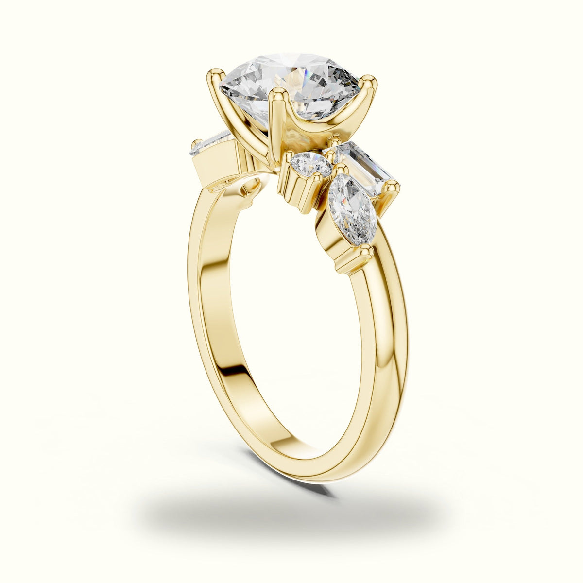 Round Basket Lab-Grown Diamond Solitaire Ring with Cluster Accents — Yellow gold, view 1 | Crystal N Cuts