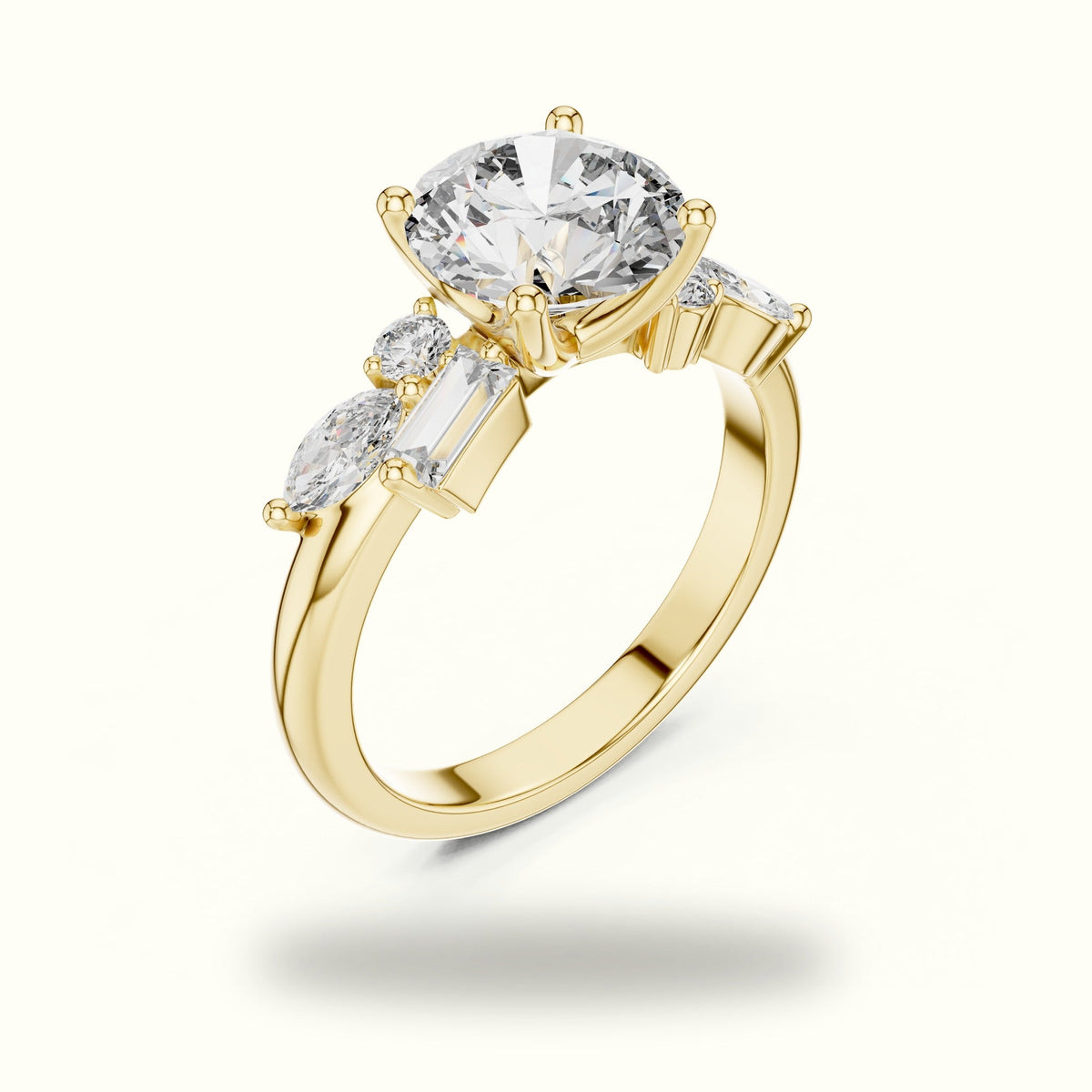 Round Basket Lab-Grown Diamond Solitaire Ring with Cluster Accents — Yellow gold, view 2 | Crystal N Cuts
