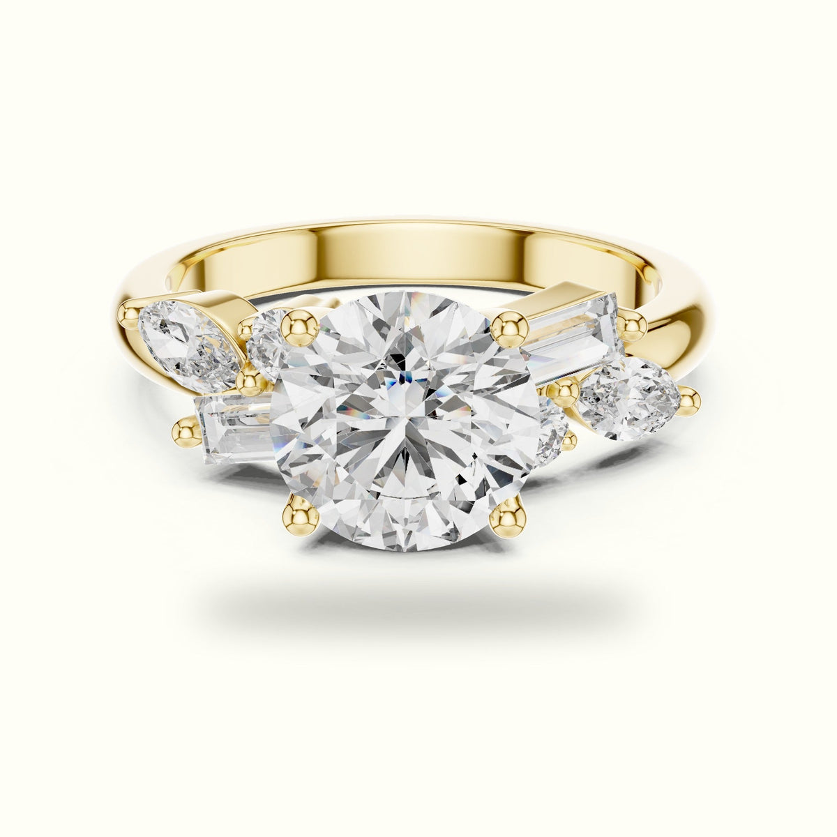 Round Basket Lab-Grown Diamond Solitaire Ring with Cluster Accents — Yellow gold, front view | Crystal N Cuts