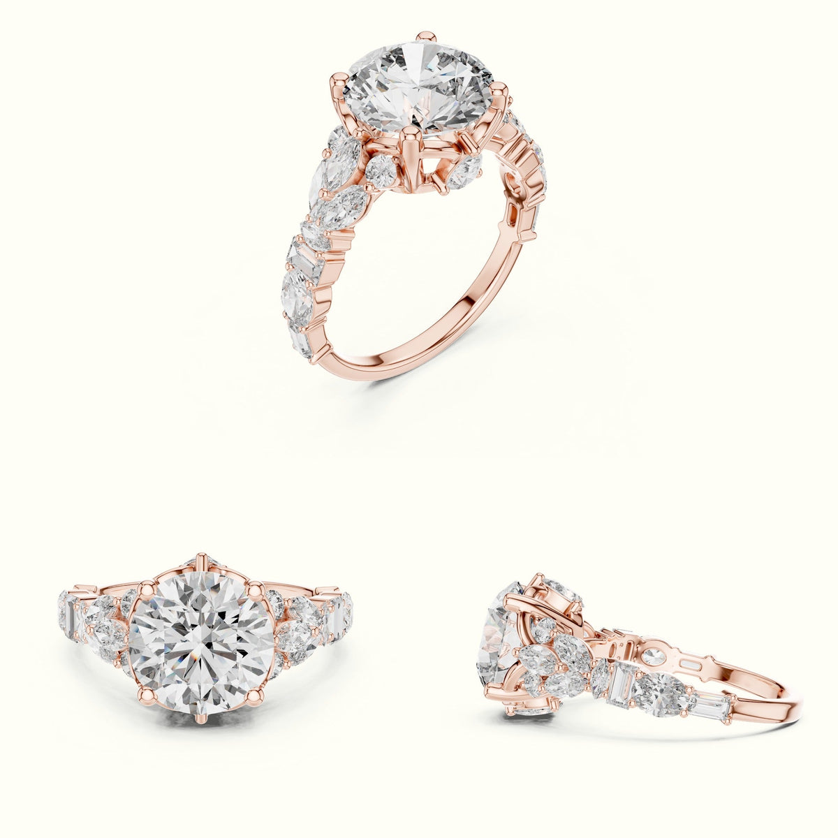 Round Solitaire Designer Engagement Ring — Rose gold, on the hand | Crystal N Cuts