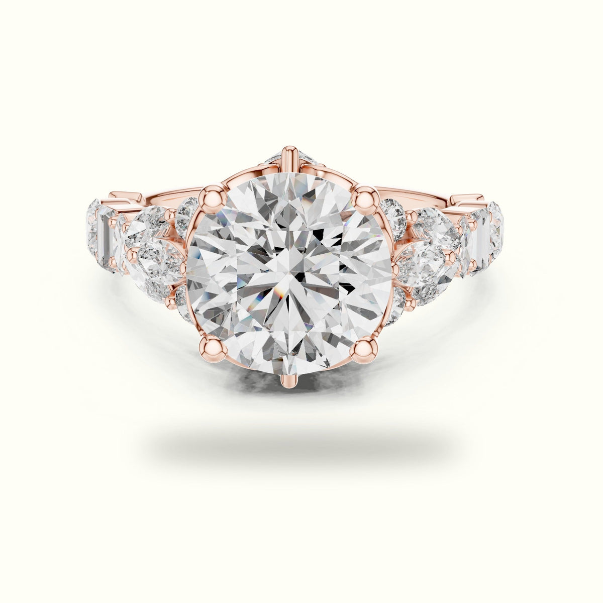 Round Solitaire Designer Engagement Ring — Rose gold, front view | Crystal N Cuts