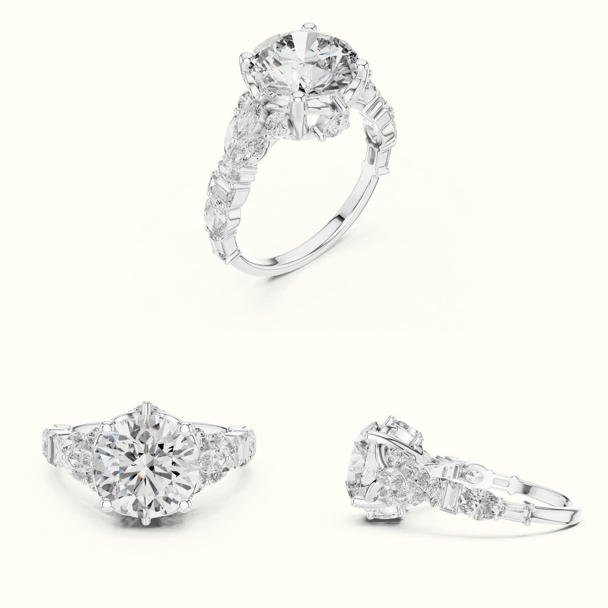 Round Solitaire Designer Engagement Ring — White gold, on the hand | Crystal N Cuts