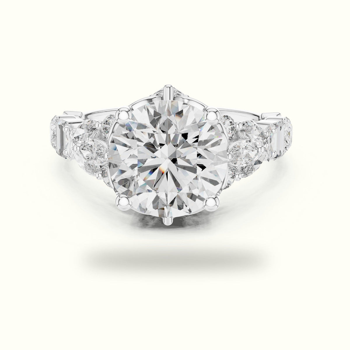 Round Solitaire Designer Engagement Ring — White gold, front view | Crystal N Cuts