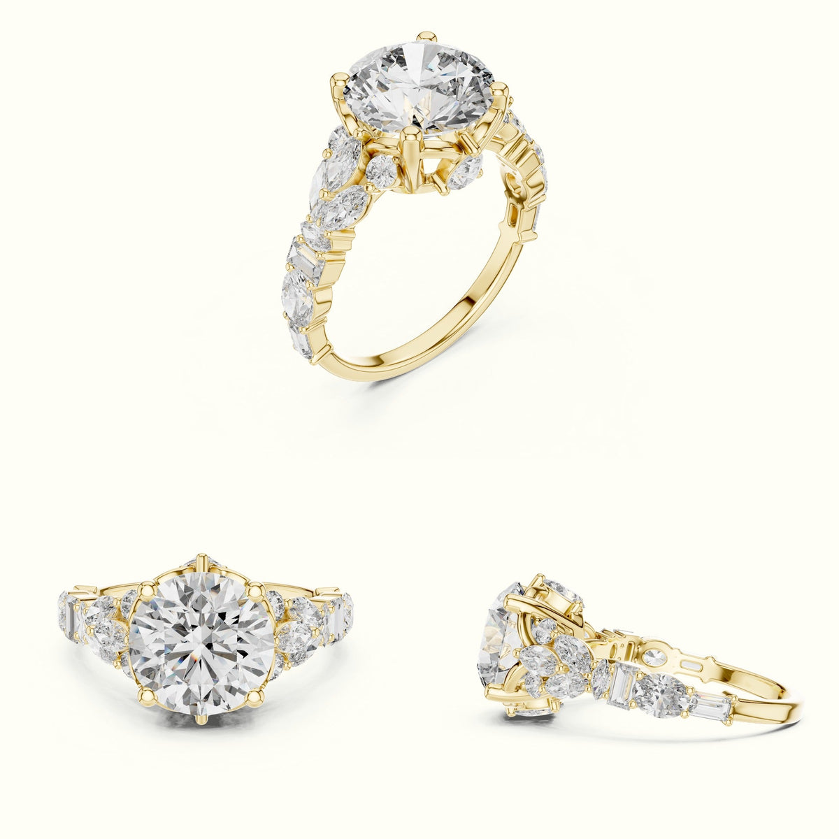Round Solitaire Designer Engagement Ring — Yellow gold, on the hand | Crystal N Cuts