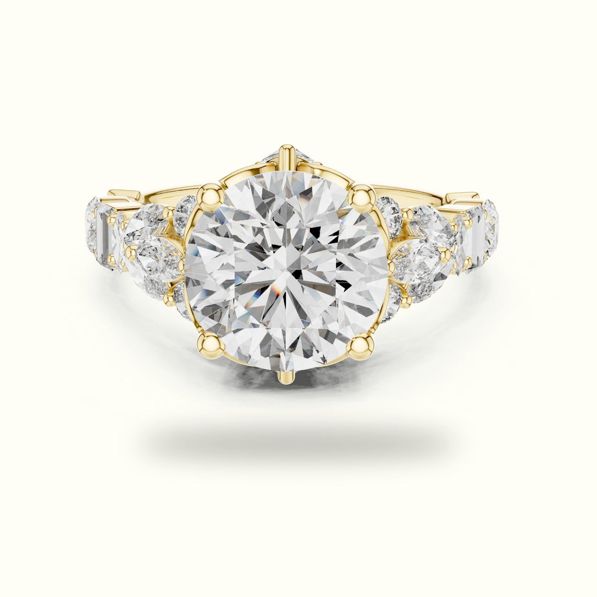 Round Solitaire Designer Engagement Ring — Yellow gold, front view | Crystal N Cuts
