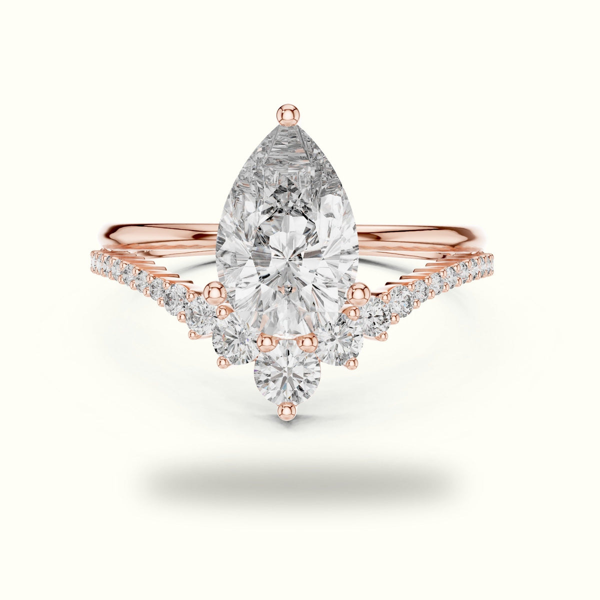 Pear Lab-Grown Diamond Bridal Set Engagement Ring — Rose gold, front view | Crystal N Cuts