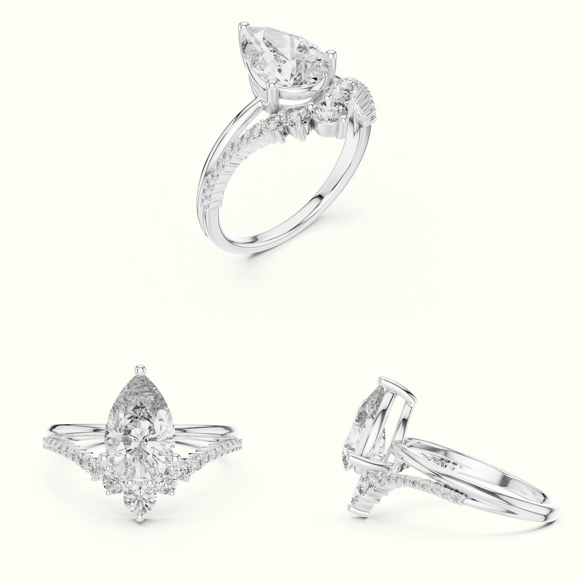 Pear Lab-Grown Diamond Bridal Set Engagement Ring — White gold, on the hand | Crystal N Cuts