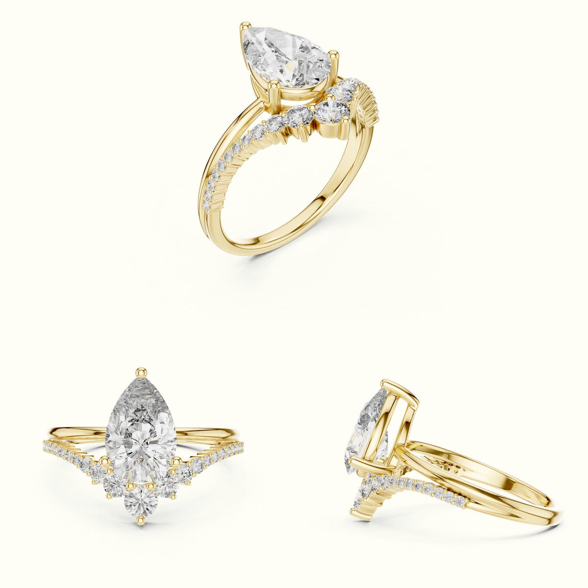 Pear Lab-Grown Diamond Bridal Set Engagement Ring — Yellow gold, on the hand | Crystal N Cuts